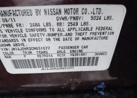 2012 Infiniti Ex35 Base z USA, uszkodzony, nr VIN JN1AJ0HR2CM451077